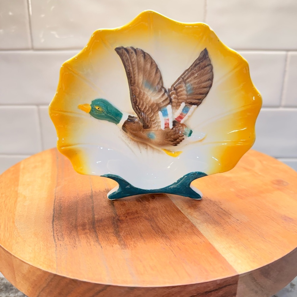 Made in Japan Yellow Rim Mallard Duck Decorative Ceramic Plate